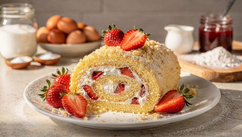 Rotolo Mimosa ripieno di panna e fragole