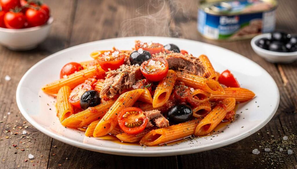 Pasta ai due pomodori con tonno e olive ricetta primo piatto facile, veloce, sfizioso, buonissimo e pronto in 15 minuti!