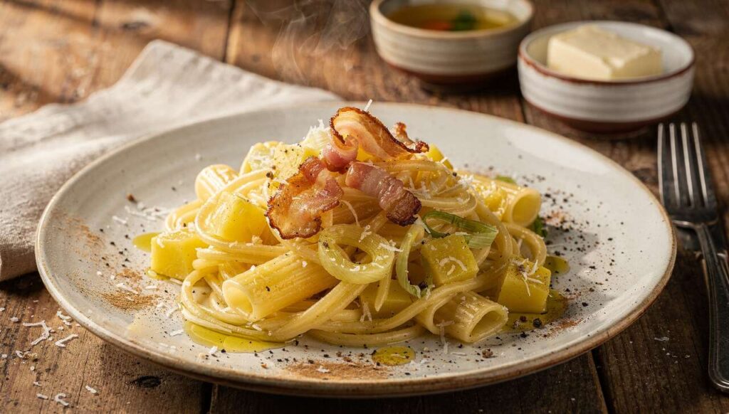 Pasta crema di patate e porro, la ricetta con guanciale croccante per stupire con gusto